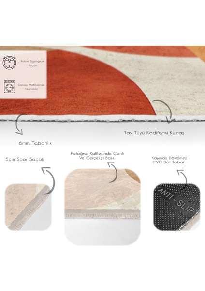 Turuncu - Krem Zeminde Abstract Motifli Tablo Desenli Bohem Modern Salon & Oturma Odası Yatak Odası Dijital Baskılı Makinede Yıkanabilir Kaymaz Taban Saçaklı Halı fırsatları