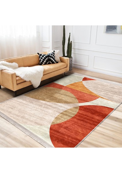 Turuncu - Krem Zeminde Abstract Motifli Tablo Desenli Bohem Modern Salon & Oturma Odası Yatak Odası Dijital Baskılı Makinede Yıkanabilir Kaymaz Taban Saçaklı Halı indirimleri
