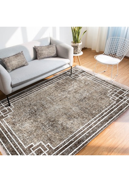 Kahverengi - Beyaz Zeminde Çerçeveli Motifli Antik Desenli Eskitme Motifli Geometrik Salon & Oturma Odası Yatak Odası Dijital Baskılı Makinede Yıkanabilir Kaymaz Taban Saçaklı Halı modelleri