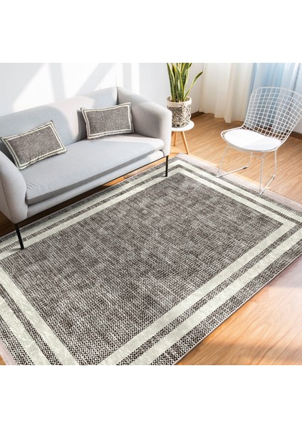 Ekru Zeminde Çerçeveli Motifli Örme Desenli Sade & Şık Klasik Salon & Oturma Odası Dış Mekan & Outdoor Dijital Baskılı Makinede Yıkanabilir Kaymaz Taban Saçaklı Halı