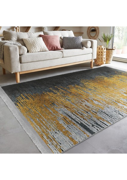 Gold - Gri Zeminde Altın Motifli Kanvas Desenli Klasik Modern Koridor & Antre Salon & Oturma Odası Dijital Baskılı Makinede Yıkanabilir Kaymaz Taban Saçaklı Halı