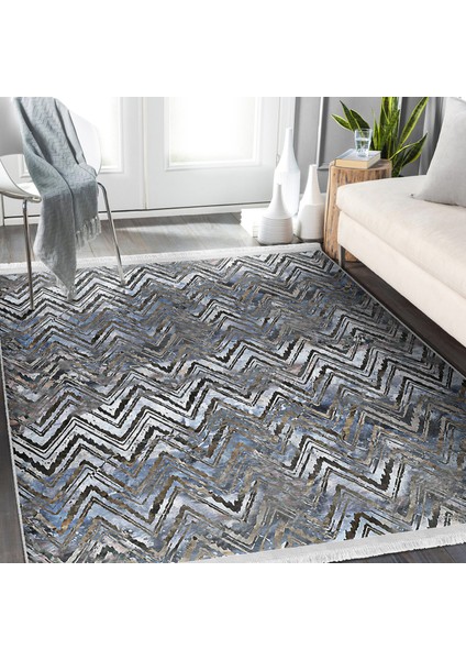 Gri Zeminde Eskitme Motifli Zikzak Desenli Eskitme Motifli Geometrik Koridor & Antre Salon & Oturma Odası Dijital Baskılı Makinede Yıkanabilir Kaymaz Taban Saçaklı Halı modelleri