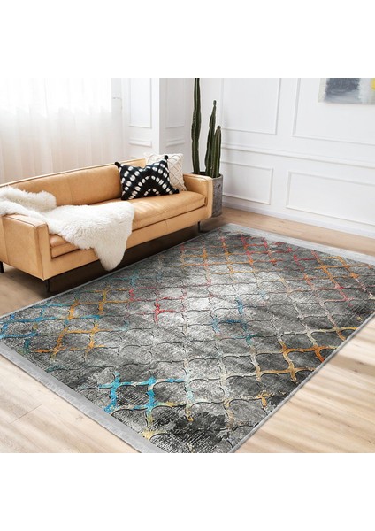 Gri Zeminde Morrocan Motifli Kanvas Desenli Geometrik Eskitme Motifli Salon & Oturma Odası Koridor & Antre Dijital Baskılı Makinede Yıkanabilir Kaymaz Taban Saçaklı Halı