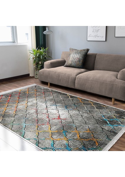 Gri Zeminde Morrocan Motifli Kanvas Desenli Geometrik Eskitme Motifli Salon & Oturma Odası Koridor & Antre Dijital Baskılı Makinede Yıkanabilir Kaymaz Taban Saçaklı Halı fiyatları