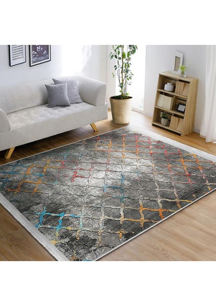 Gri Zeminde Morrocan Motifli Kanvas Desenli Geometrik Eskitme Motifli Salon & Oturma Odası Koridor & Antre Dijital Baskılı Makinede Yıkanabilir Kaymaz Taban Saçaklı Halı modelleri
