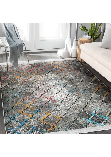 Gri Zeminde Morrocan Motifli Kanvas Desenli Geometrik Eskitme Motifli Salon & Oturma Odası Koridor & Antre Dijital Baskılı Makinede Yıkanabilir Kaymaz Taban Saçaklı Halı indirimleri