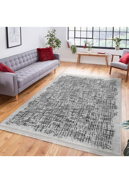 Gri - Siyah Zeminde Dokuma Halı Motifli Eskitme Desenli Eskitme Motifli Sade & Şık Salon & Oturma Odası Yatak Odası Dijital Baskılı Makinede Yıkanabilir Kaymaz Taban Saçaklı Halı