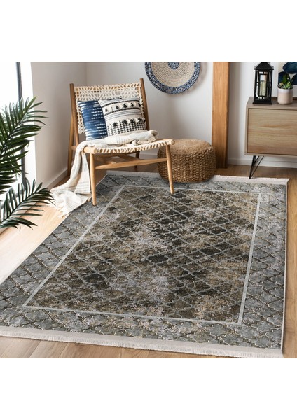 Kahverengi - Gri Zeminde Çerçeveli Motifli Morrocan Desenli Eskitme Motifli Geometrik Salon & Oturma Odası Dış Mekan & Outdoor Dijital Baskılı Makinede Yıkanabilir Kaymaz Taban Saçaklı Halı indirimleri
