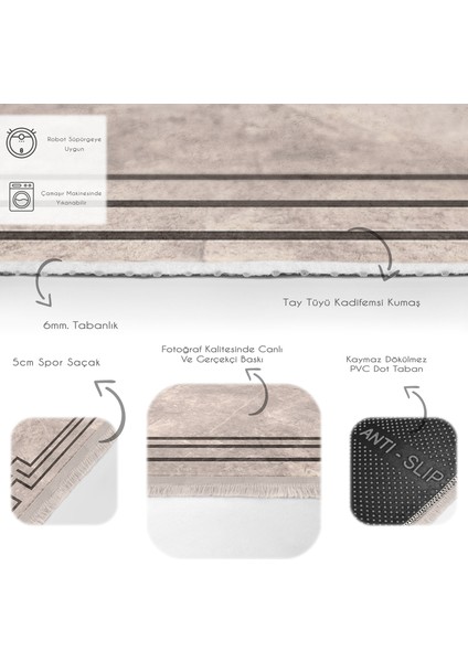 Krem - Kahverengi Zeminde Çerçeveli Motifli Eskitme Desenli Sade & Şık Geometrik Salon & Oturma Odası Mutfak Dijital Baskılı Makinede Yıkanabilir Kaymaz Taban Saçaklı Halı