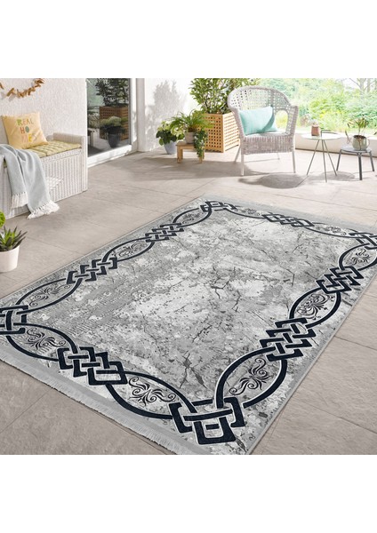 Gri - Lacivert Zeminde Çerçeveli Motifli Duvar Desenli Eskitme Motifli Geometrik Salon & Oturma Odası Dış Mekan & Outdoor Dijital Baskılı Makinede Yıkanabilir Kaymaz Taban Saçaklı Halı