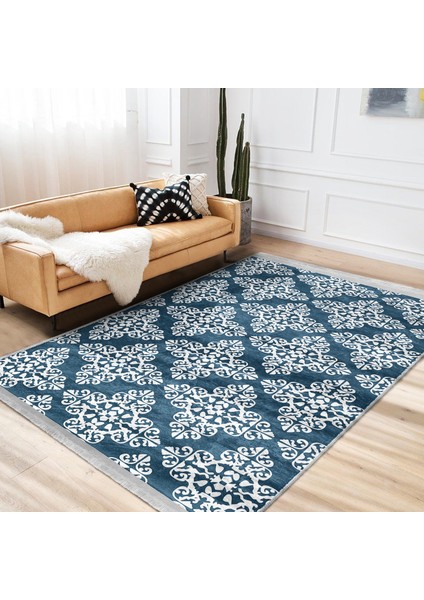 Mavi Zeminde Etnik Motifli Damask Desenli Etnik Motifler Geometrik Salon & Oturma Odası Koridor & Antre Dijital Baskılı Makinede Yıkanabilir Kaymaz Taban Saçaklı Halı