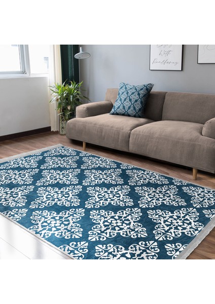 Mavi Zeminde Etnik Motifli Damask Desenli Etnik Motifler Geometrik Salon & Oturma Odası Koridor & Antre Dijital Baskılı Makinede Yıkanabilir Kaymaz Taban Saçaklı Halı fiyatları