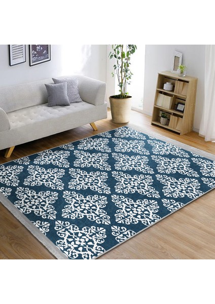 Mavi Zeminde Etnik Motifli Damask Desenli Etnik Motifler Geometrik Salon & Oturma Odası Koridor & Antre Dijital Baskılı Makinede Yıkanabilir Kaymaz Taban Saçaklı Halı modelleri