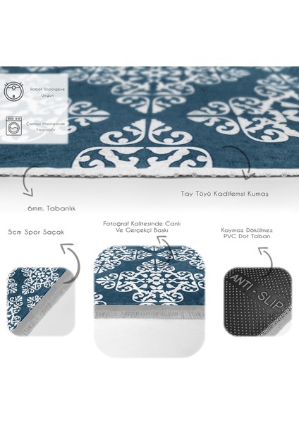 Mavi Zeminde Etnik Motifli Damask Desenli Etnik Motifler Geometrik Salon & Oturma Odası Koridor & Antre Dijital Baskılı Makinede Yıkanabilir Kaymaz Taban Saçaklı Halı fırsatları