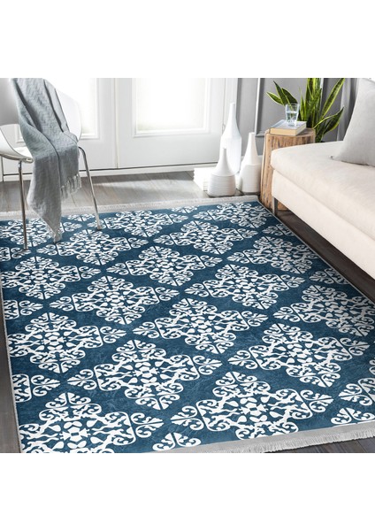 Mavi Zeminde Etnik Motifli Damask Desenli Etnik Motifler Geometrik Salon & Oturma Odası Koridor & Antre Dijital Baskılı Makinede Yıkanabilir Kaymaz Taban Saçaklı Halı indirimleri