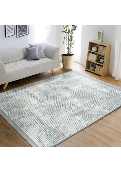 Krem - Mavi Zeminde Eskitme Motifli Retro Desenli Sade & Şık Eskitme Motifli Salon & Oturma Odası Koridor & Antre Dijital Baskılı Makinede Yıkanabilir Kaymaz Taban Saçaklı Halı indirimleri