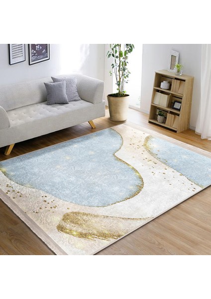 Gold - Mavi Zeminde Altın Motifli Kanvas Desenli Bohem Modern Salon & Oturma Odası Yatak Odası Dijital Baskılı Makinede Yıkanabilir Kaymaz Taban Saçaklı Halı modelleri