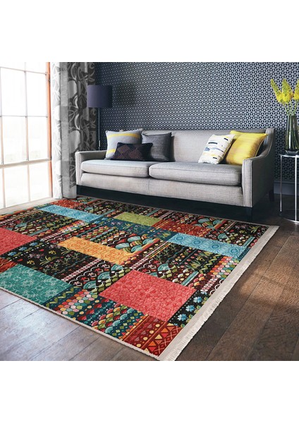 Rengarenk Zeminde Patchwork Motifli Kilim Desenli Vintage Klasik Yatak Odası Koridor & Antre Dijital Baskılı Makinede Yıkanabilir Kaymaz Taban Saçaklı Halı fiyatları