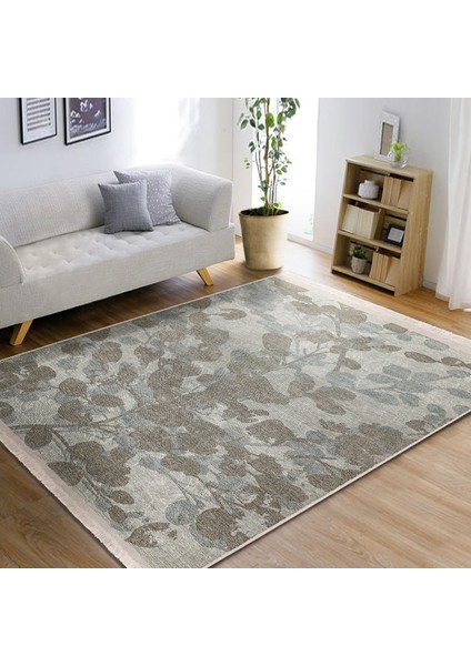 Krem - Kahverengi Zeminde Eskitme Motifli Örgü Desenli Floral Sade & Şık Salon & Oturma Odası Yatak Odası Dijital Baskılı Makinede Yıkanabilir Kaymaz Taban Saçaklı Halı