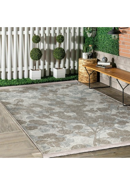Krem - Kahverengi Zeminde Eskitme Motifli Örgü Desenli Floral Sade & Şık Salon & Oturma Odası Yatak Odası Dijital Baskılı Makinede Yıkanabilir Kaymaz Taban Saçaklı Halı