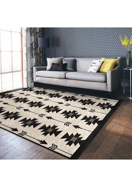 Siyah - Krem Zeminde Kilim Motifli Geometrik Desenli Geometrik Sade & Şık Salon & Oturma Odası Koridor & Antre Dijital Baskılı Makinede Yıkanabilir Kaymaz Taban Saçaklı Halı