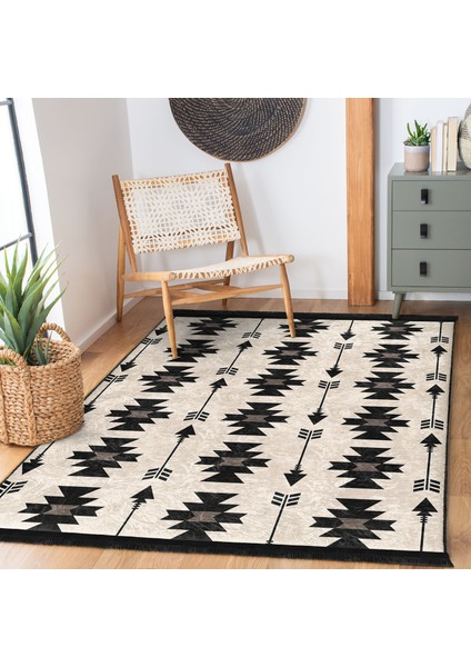 Siyah - Krem Zeminde Kilim Motifli Geometrik Desenli Geometrik Sade & Şık Salon & Oturma Odası Koridor & Antre Dijital Baskılı Makinede Yıkanabilir Kaymaz Taban Saçaklı Halı