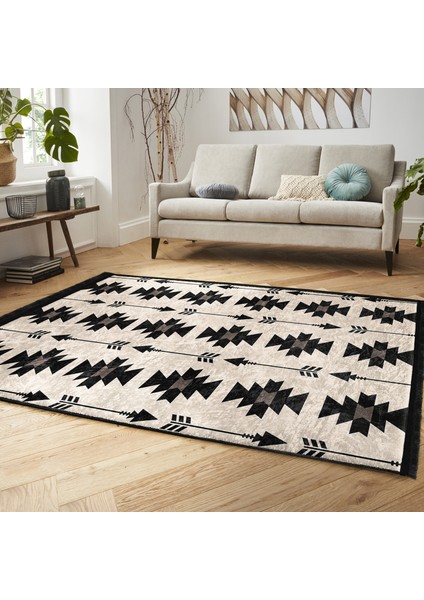 Siyah - Krem Zeminde Kilim Motifli Geometrik Desenli Geometrik Sade & Şık Salon & Oturma Odası Koridor & Antre Dijital Baskılı Makinede Yıkanabilir Kaymaz Taban Saçaklı Halı