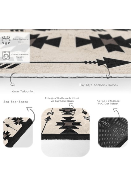 Siyah - Krem Zeminde Kilim Motifli Geometrik Desenli Geometrik Sade & Şık Salon & Oturma Odası Koridor & Antre Dijital Baskılı Makinede Yıkanabilir Kaymaz Taban Saçaklı Halı