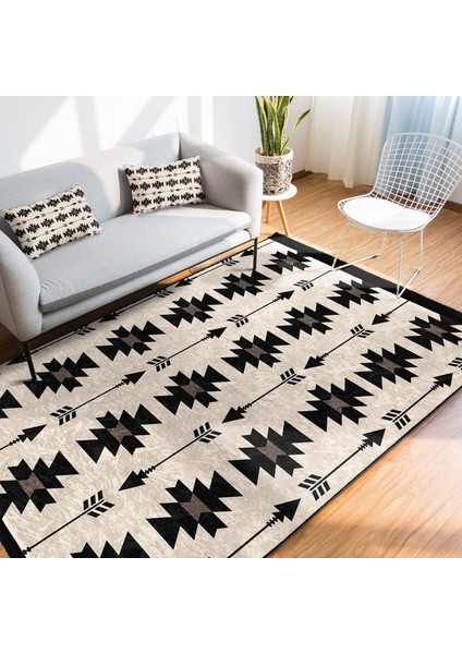 Siyah - Krem Zeminde Kilim Motifli Geometrik Desenli Geometrik Sade & Şık Salon & Oturma Odası Koridor & Antre Dijital Baskılı Makinede Yıkanabilir Kaymaz Taban Saçaklı Halı