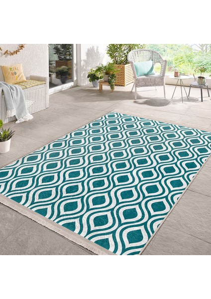 Turkuaz Zeminde Geometrik Motifli Klasik Desenli Geometrik Klasik Koridor & Antre Banyo Dijital Baskılı Makinede Yıkanabilir Kaymaz Taban Saçaklı Halı modelleri