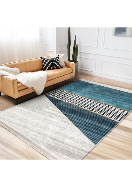 Mavi Zeminde Kazayağı Motifli Geometrik Desenli Geometrik Sade & Şık Salon & Oturma Odası Mutfak Dijital Baskılı Makinede Yıkanabilir Kaymaz Taban Saçaklı Halı fiyatları