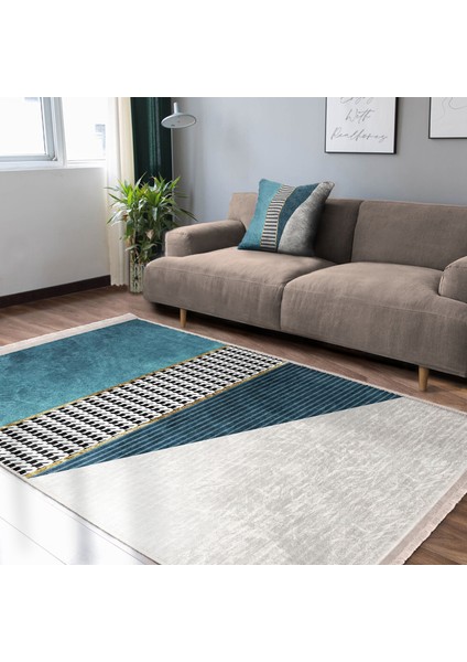 Mavi Zeminde Kazayağı Motifli Geometrik Desenli Geometrik Sade & Şık Salon & Oturma Odası Mutfak Dijital Baskılı Makinede Yıkanabilir Kaymaz Taban Saçaklı Halı modelleri