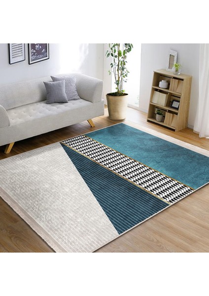 Mavi Zeminde Kazayağı Motifli Geometrik Desenli Geometrik Sade & Şık Salon & Oturma Odası Mutfak Dijital Baskılı Makinede Yıkanabilir Kaymaz Taban Saçaklı Halı indirimleri