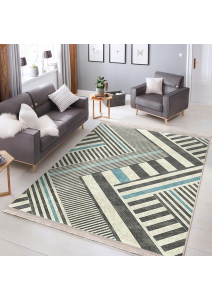 Krem - Füme Zeminde Geometrik Motifli Kanvas Desenli Sade & Şık Geometrik Koridor & Antre Salon & Oturma Odası Dijital Baskılı Makinede Yıkanabilir Kaymaz Taban Saçaklı Halı