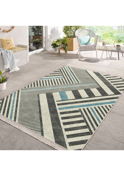 Krem - Füme Zeminde Geometrik Motifli Kanvas Desenli Sade & Şık Geometrik Koridor & Antre Salon & Oturma Odası Dijital Baskılı Makinede Yıkanabilir Kaymaz Taban Saçaklı Halı modelleri
