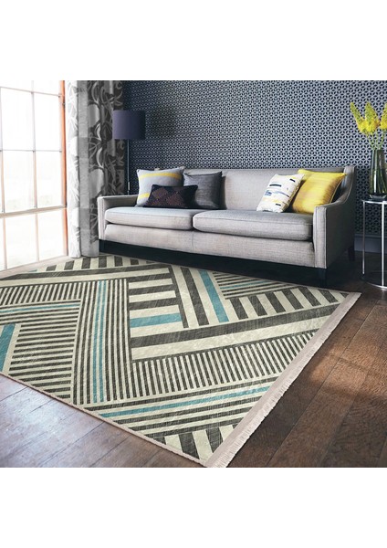 Krem - Füme Zeminde Geometrik Motifli Kanvas Desenli Sade & Şık Geometrik Koridor & Antre Salon & Oturma Odası Dijital Baskılı Makinede Yıkanabilir Kaymaz Taban Saçaklı Halı indirimleri