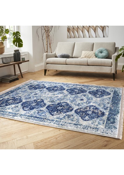 Lacivert Zeminde Otantik Motifli Kilim Desenli Avangarde Eskitme Motifli Salon & Oturma Odası Mutfak Dijital Baskılı Makinede Yıkanabilir Kaymaz Taban Saçaklı Halı