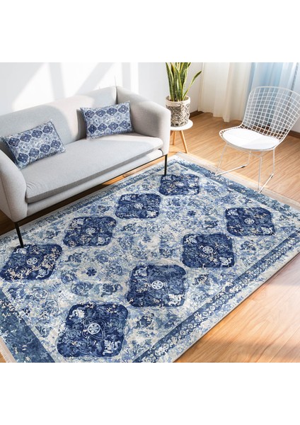 Lacivert Zeminde Otantik Motifli Kilim Desenli Avangarde Eskitme Motifli Salon & Oturma Odası Mutfak Dijital Baskılı Makinede Yıkanabilir Kaymaz Taban Saçaklı Halı fiyatları