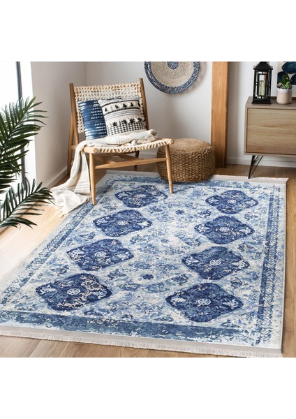 Lacivert Zeminde Otantik Motifli Kilim Desenli Avangarde Eskitme Motifli Salon & Oturma Odası Mutfak Dijital Baskılı Makinede Yıkanabilir Kaymaz Taban Saçaklı Halı modelleri