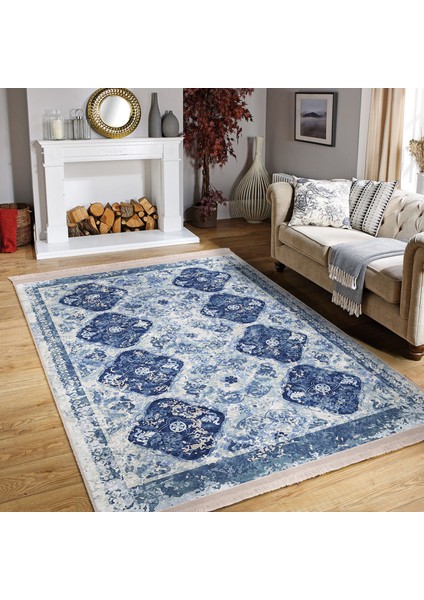 Lacivert Zeminde Otantik Motifli Kilim Desenli Avangarde Eskitme Motifli Salon & Oturma Odası Mutfak Dijital Baskılı Makinede Yıkanabilir Kaymaz Taban Saçaklı Halı indirimleri