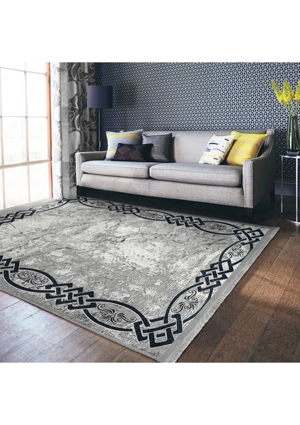 Gri - Lacivert Zeminde Çerçeveli Motifli Duvar Desenli Eskitme Motifli Geometrik Salon & Oturma Odası Dış Mekan & Outdoor Dijital Baskılı Makinede Yıkanabilir Kaymaz Taban Saçaklı Halı