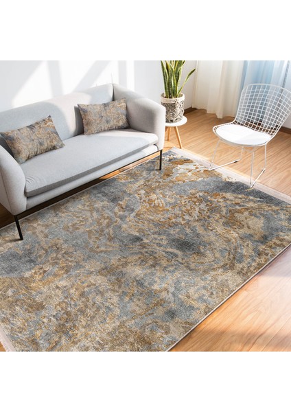 Gri - Krem Zeminde Dokuma Motifli Eskitme Desenli Klasik Vintage Salon & Oturma Odası Yatak Odası Dijital Baskılı Makinede Yıkanabilir Kaymaz Taban Saçaklı Halı