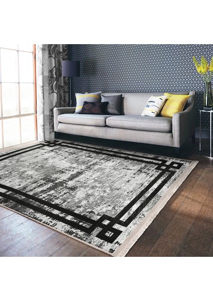 Gri - Krem Zeminde Çerçeveli Motifli Antika Desenli Klasik Eskitme Motifli Salon & Oturma Odası Dış Mekan & Outdoor Dijital Baskılı Makinede Yıkanabilir Kaymaz Taban Saçaklı Halı