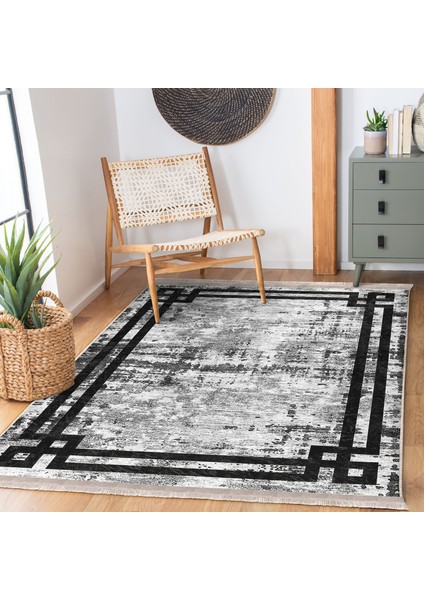 Gri - Krem Zeminde Çerçeveli Motifli Antika Desenli Klasik Eskitme Motifli Salon & Oturma Odası Dış Mekan & Outdoor Dijital Baskılı Makinede Yıkanabilir Kaymaz Taban Saçaklı Halı