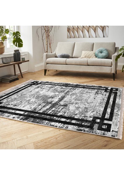 Gri - Krem Zeminde Çerçeveli Motifli Antika Desenli Klasik Eskitme Motifli Salon & Oturma Odası Dış Mekan & Outdoor Dijital Baskılı Makinede Yıkanabilir Kaymaz Taban Saçaklı Halı