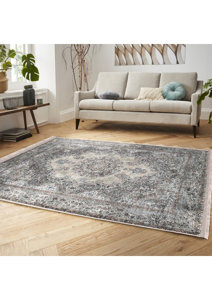 Bej Zeminde Osmanlı Motifli Hereke Desenli Eskitme Motifli Vintage Salon & Oturma Odası Yatak Odası Dijital Baskılı Makinede Yıkanabilir Kaymaz Taban Saçaklı Halı