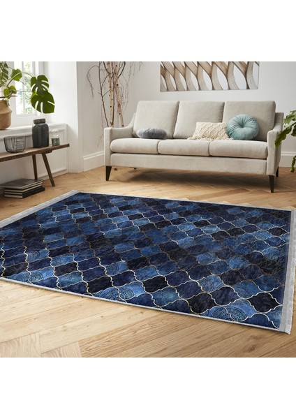 Lacivert Zeminde Ogea Motifli Geometrik Desenli Geometrik Modern Salon & Oturma Odası Koridor & Antre Dijital Baskılı Makinede Yıkanabilir Kaymaz Taban Saçaklı Halı