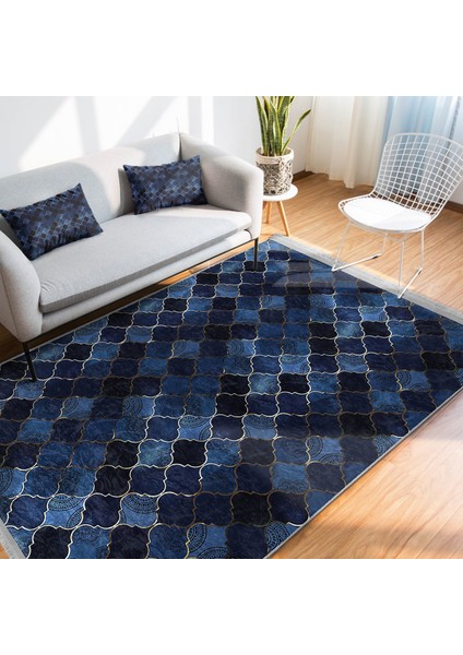 Lacivert Zeminde Ogea Motifli Geometrik Desenli Geometrik Modern Salon & Oturma Odası Koridor & Antre Dijital Baskılı Makinede Yıkanabilir Kaymaz Taban Saçaklı Halı fiyatları