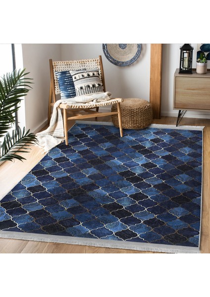 Lacivert Zeminde Ogea Motifli Geometrik Desenli Geometrik Modern Salon & Oturma Odası Koridor & Antre Dijital Baskılı Makinede Yıkanabilir Kaymaz Taban Saçaklı Halı modelleri