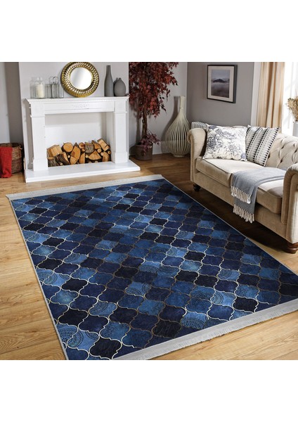 Lacivert Zeminde Ogea Motifli Geometrik Desenli Geometrik Modern Salon & Oturma Odası Koridor & Antre Dijital Baskılı Makinede Yıkanabilir Kaymaz Taban Saçaklı Halı indirimleri